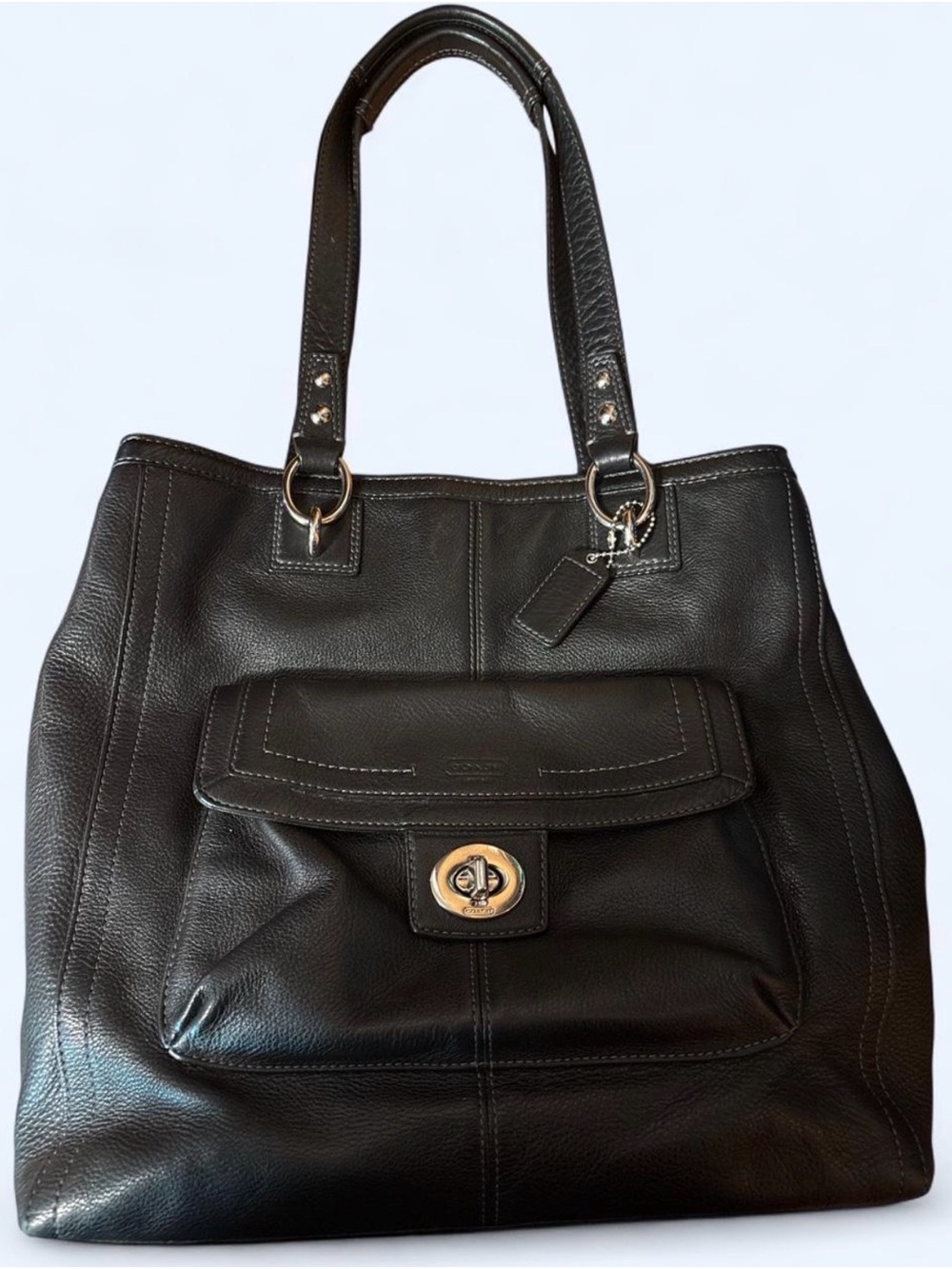 Coach Pebble Bag - Black Leather Turnlock Front-Pocket Shoulder Tote